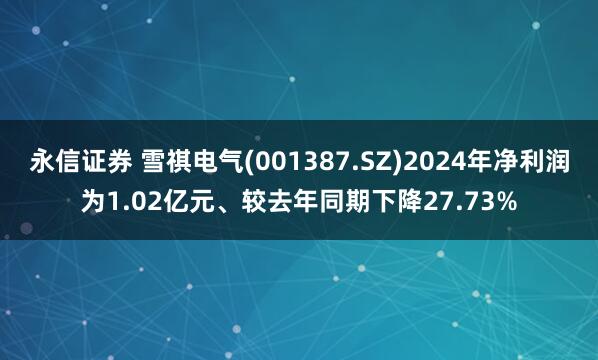 永信证券 雪祺电气(001387.SZ)2024年净利润为1.02亿元、较去年同期下降27.73%